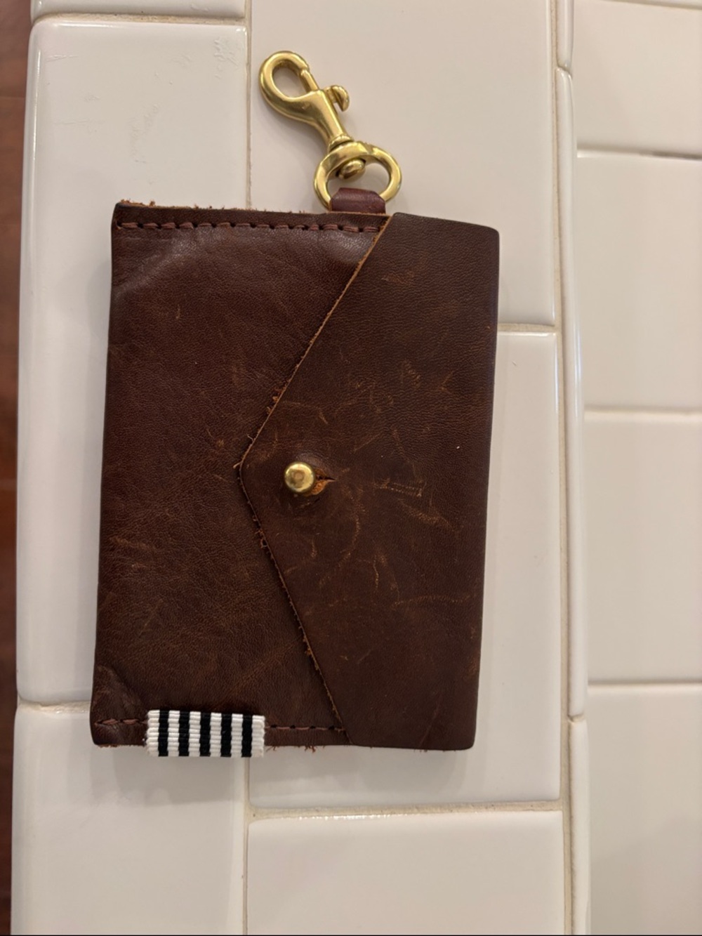 Brown Leather Wristlet Card Holder with Brass Clip